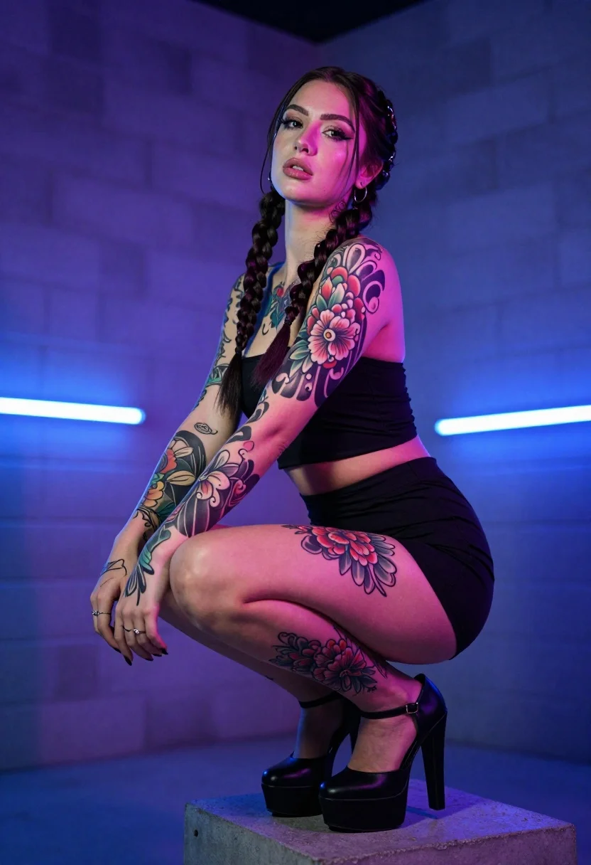 Woman With Extensive Tattoos Crouching Concrete Block Dimly Lit Room