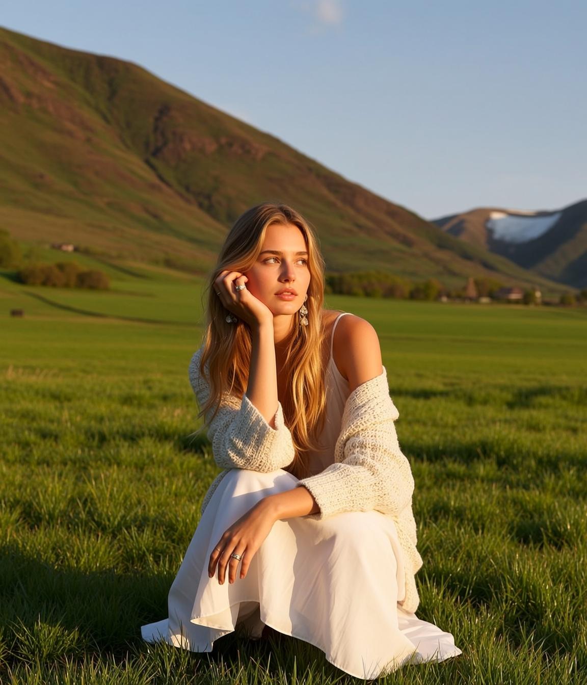 Cottagecore Sitting Lush Green Grass Facing Her
