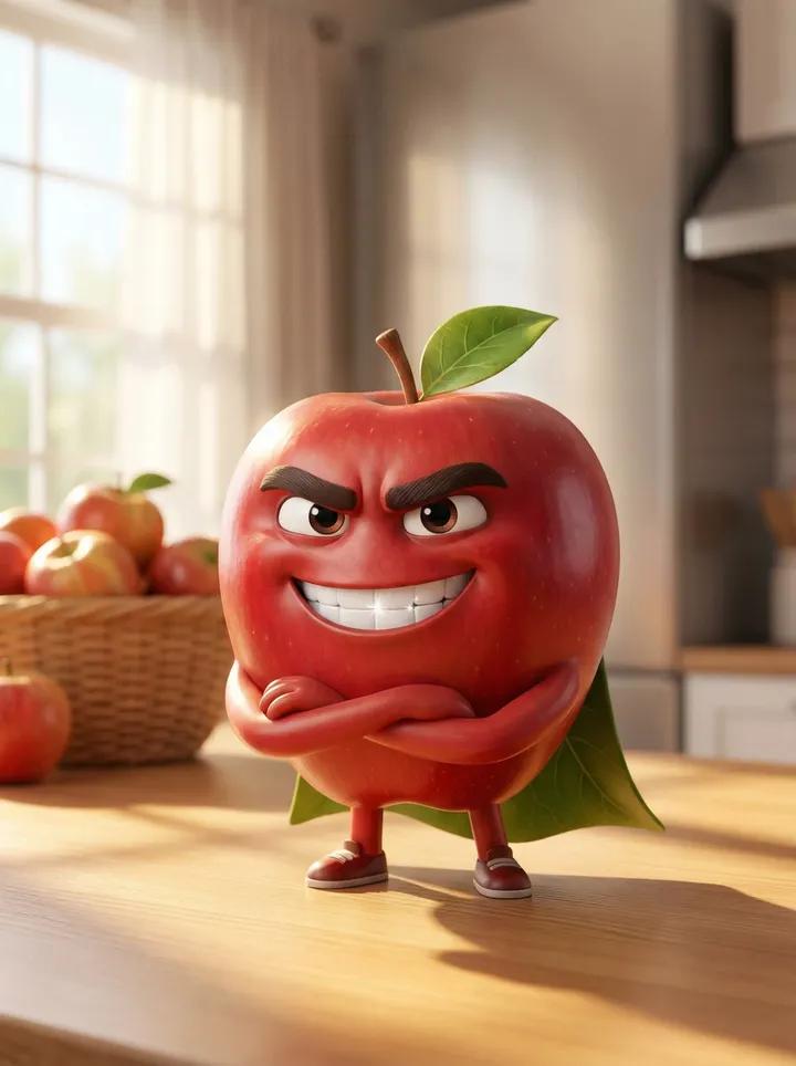 Pixar Apple Character Proud Pose Wooden Table Sunny Window