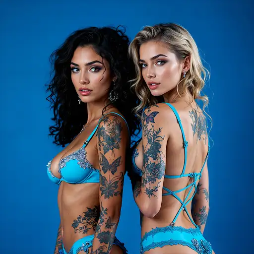 Full body shot of a model in lingerie with butterfly and floral tattoos against a bright blue background.