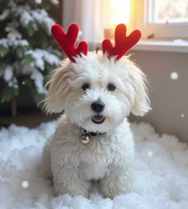 adorable dog with reindeer antlers and jingle bell collar in soft snow