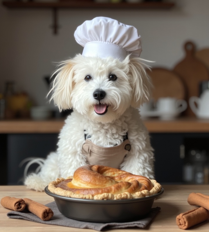 adorable dog in chef hat and tiny apron baking in a farmhouse kitchen