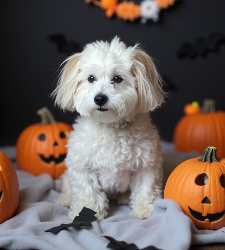 adorable dog sitting in carved pumpkin with warm twinkle lights