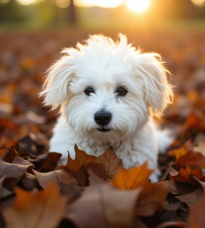 adorable dog peeking from a colorful leaf pile with bright eyes