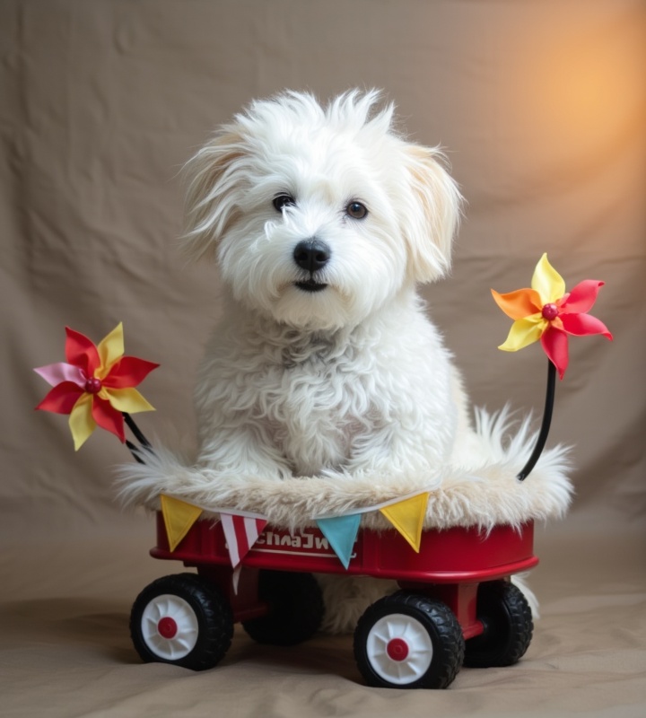 adorable dog seated in a toy wagon surrounded by mini flags