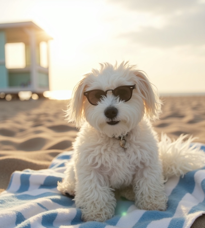 adorable dog wearing tiny sunglasses on a striped cabana towel