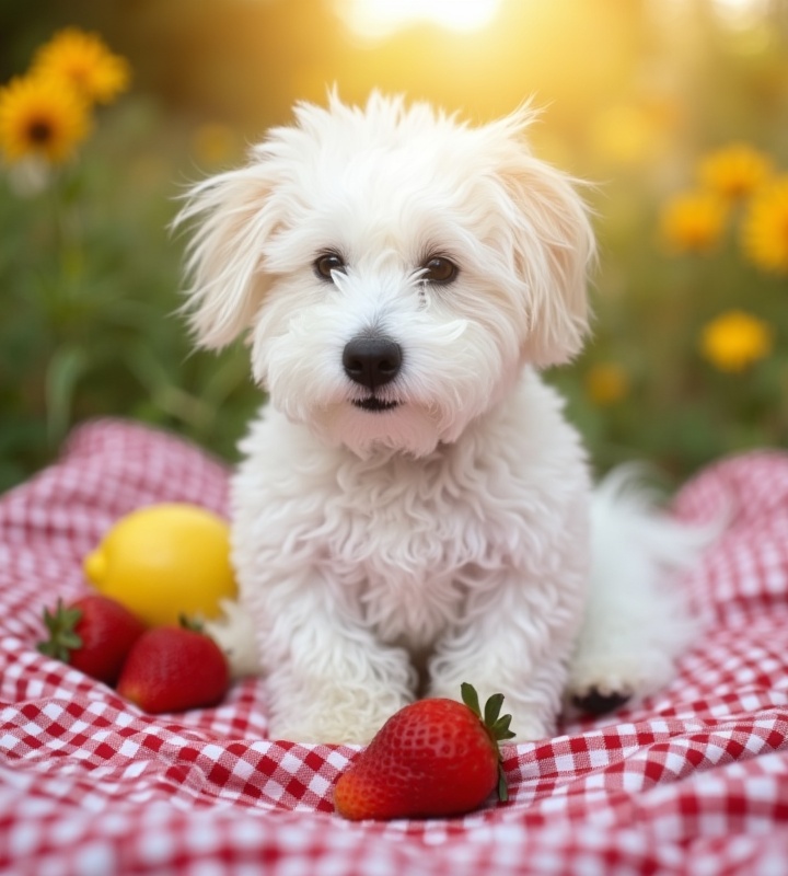 adorable dog on a gingham blanket with strawberries and lemonade