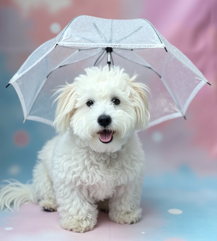 adorable dog under a bubble umbrella with pastel city reflections