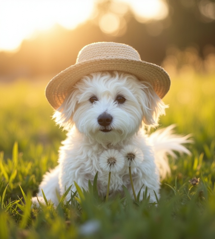 adorable dog in a straw hat touching a dandelion puff in sunlight