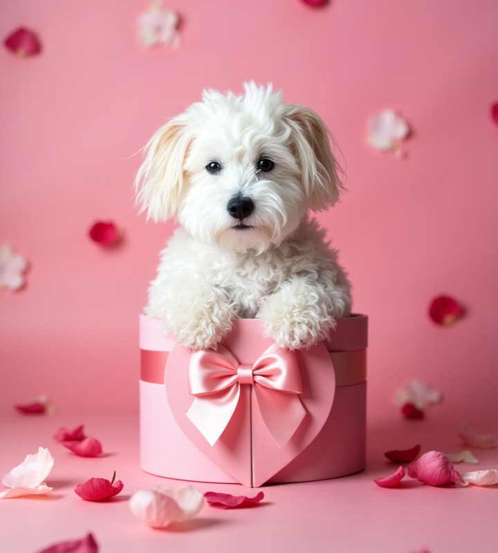 adorable dog inside a heart-shaped box with rose-petal confetti