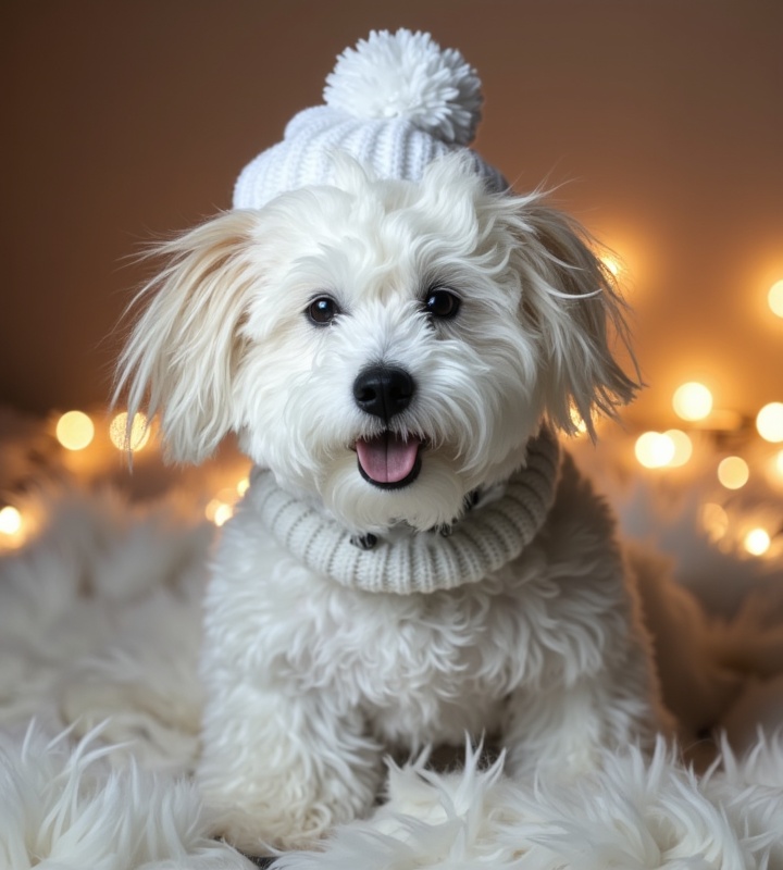 adorable dog in a cozy sweater and beanie with snowflakes