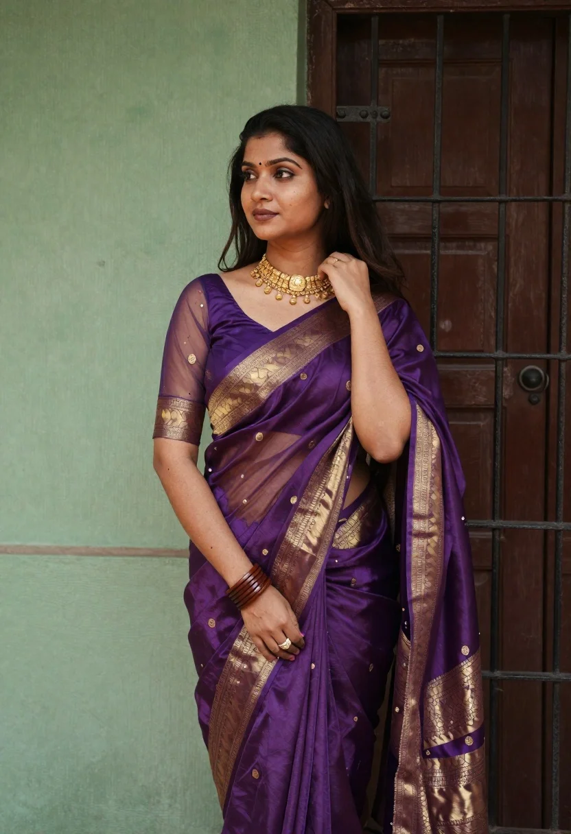 Woman Stands Poised Pose Wearing Ornate Purple And Gold Silk reference photo