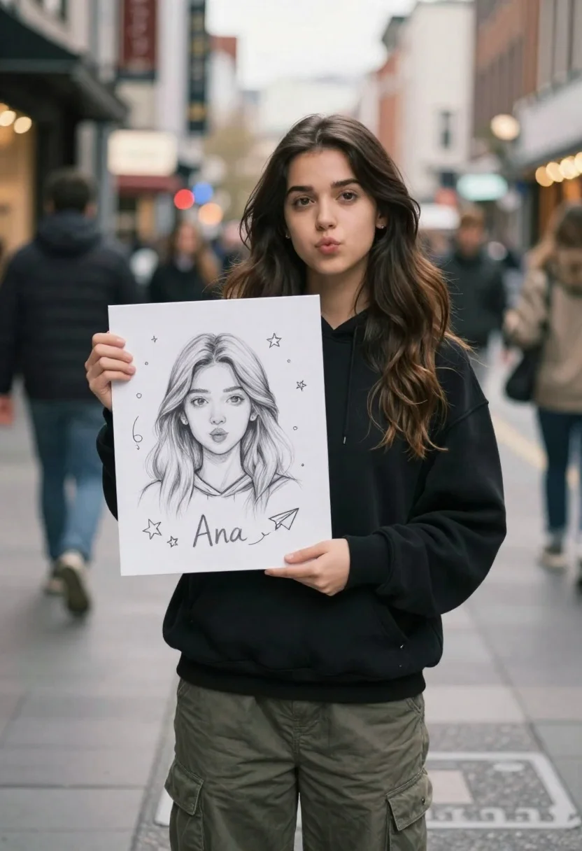 Young Woman With Long Dark Hair Stands The Middle Busy