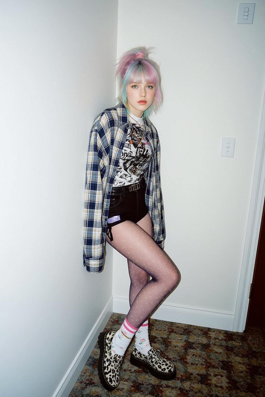 Graphic Tee Plaid Shirt Leaning