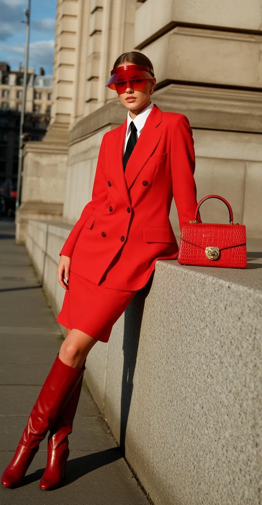 Red Blazer Woman Stone Ledge Neutral Gaze