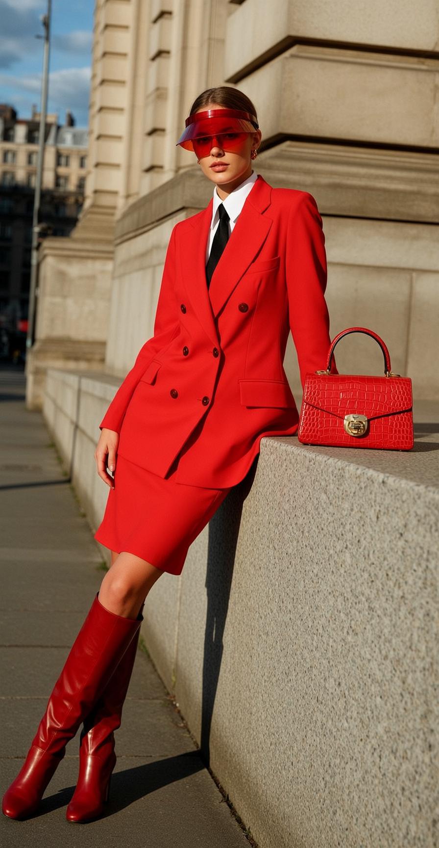 Red Blazer Woman Stone Ledge Neutral Gaze