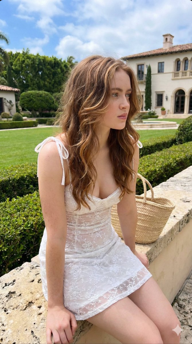 A young woman with a fair complexion in a flowy lace dress, sitting on a stone wall surrounded by a lush garden.