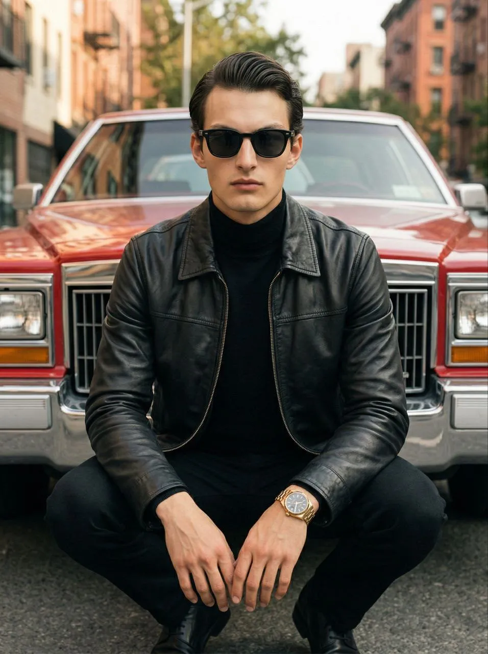 Sunglasses By A Red Car On An Urban Street