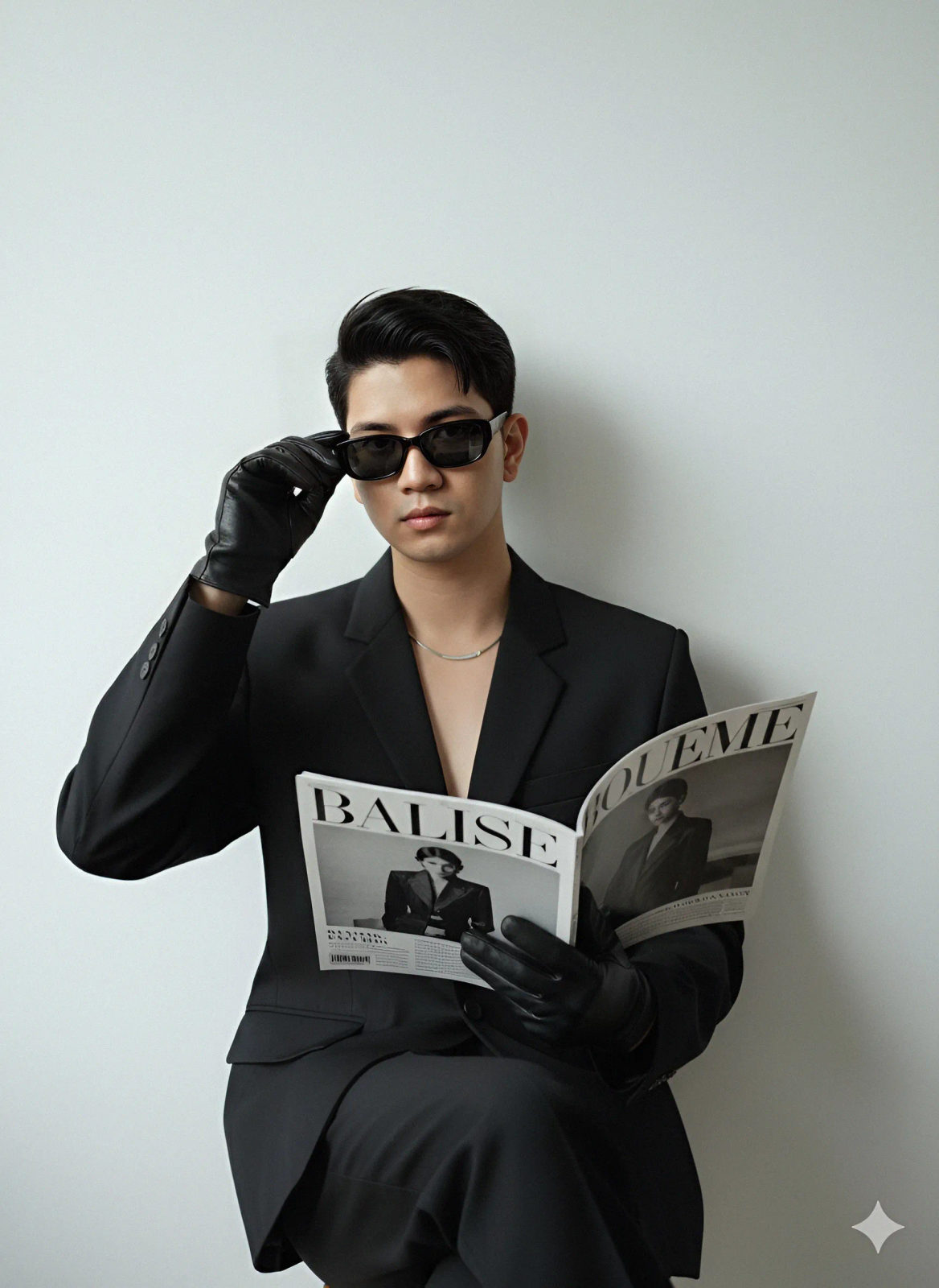 Model in a sleek black blazer, seated elegantly against a minimal wall, wearing dark sunglasses and holding an open fashion magazine.