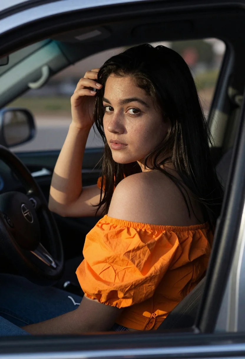 Young Woman With Long Dark Hair Sits Inside Car Looking reference photo