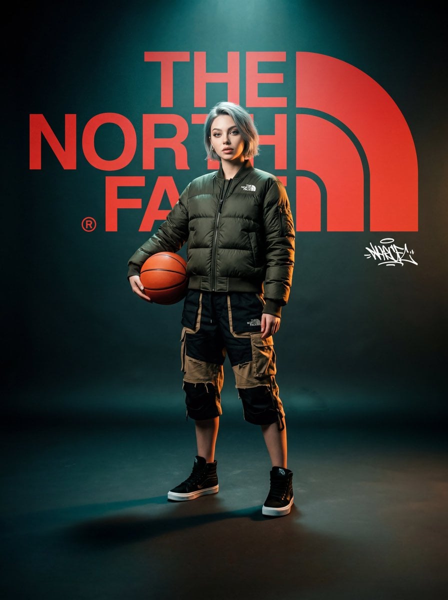 A woman in oversized urban streetwear poses with a basketball against a dramatic backdrop featuring a remix.camera logo.
