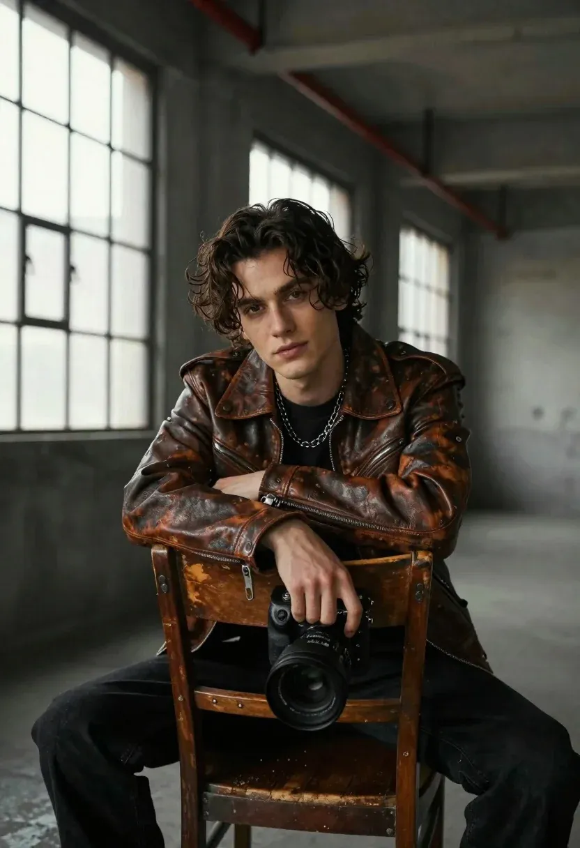 Charismatic Young Man With Wavy Dark Hair Sits Backwards Vintage