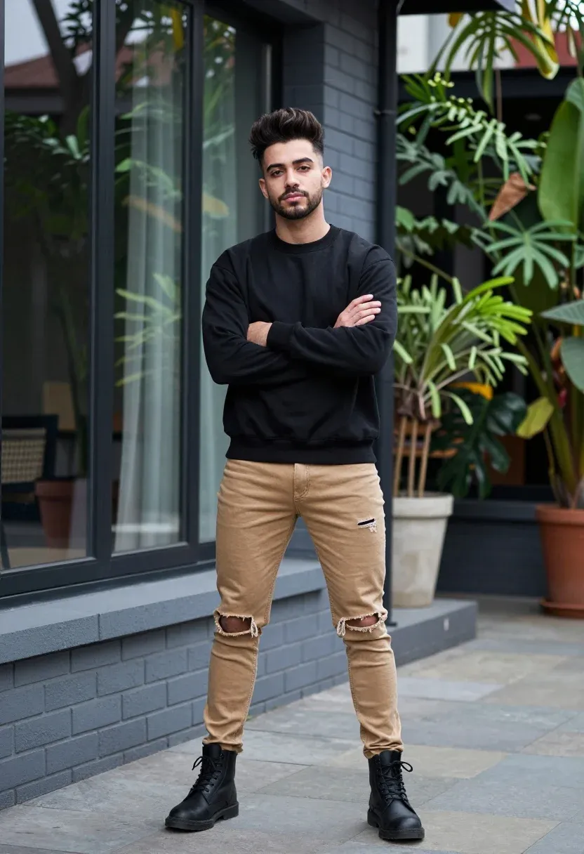 Full-body Portrait Man Standing Confidently Outdoors Front Modern Building With