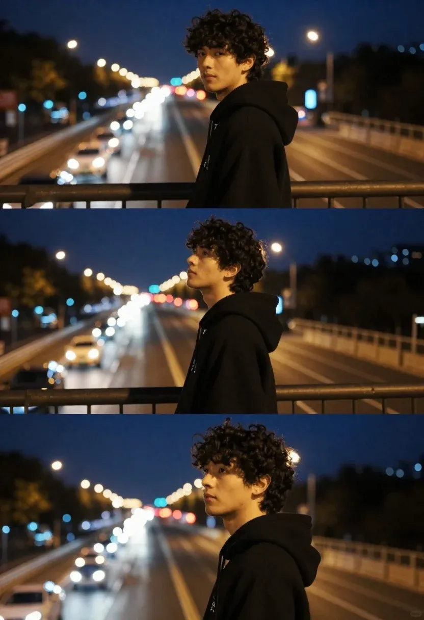 Young Man With Dark Curly Hair Stands Bridge Overlooking Busy