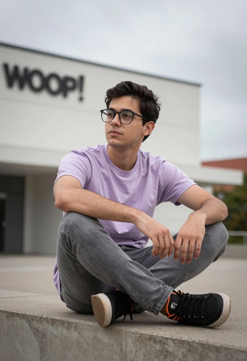 A young man sits cross-legged on a concrete ledge in an urban outdoor setting, softly illuminated by natural light.