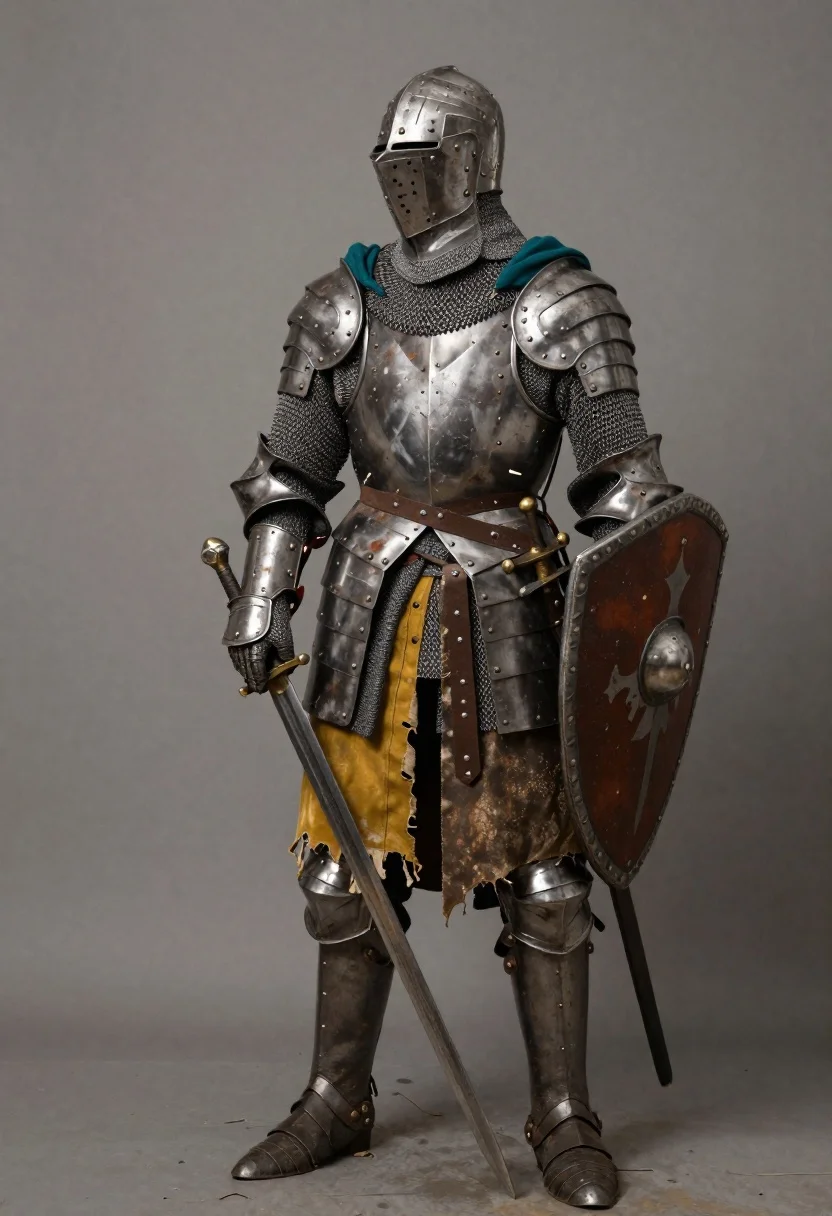 Subject Full-body Medieval Knight Weathered Steel Armor With Chainmail Accents reference photo