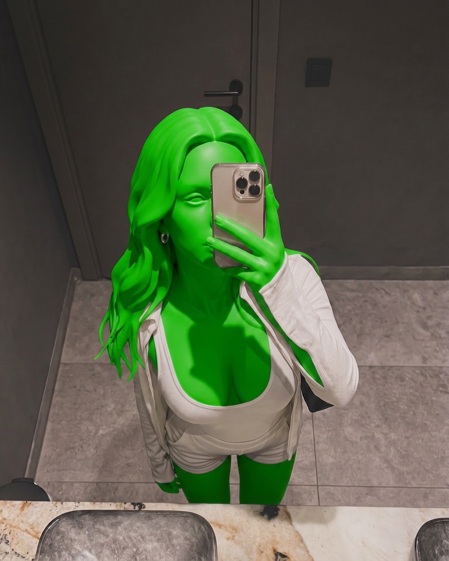 Template for White Outfit Covering Face In Bathroom Mirror