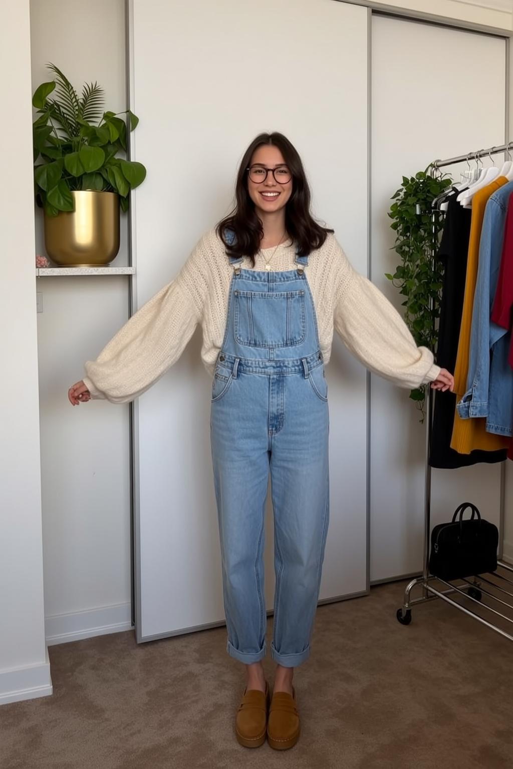 Fair Skin Dark Hair Woman Cream Knit Sweater Denim Overalls