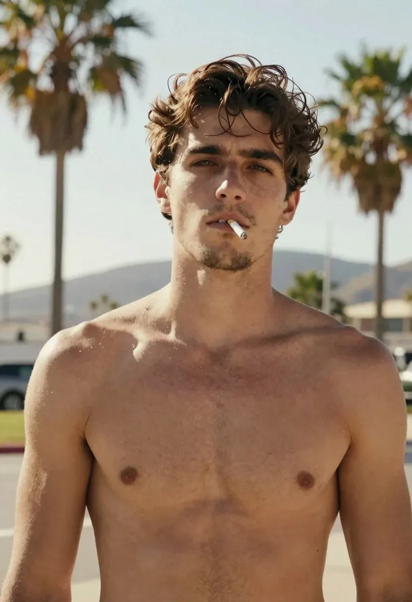 Shirtless Man With Cigarette His Mouth Stands Confidently Against Sunny