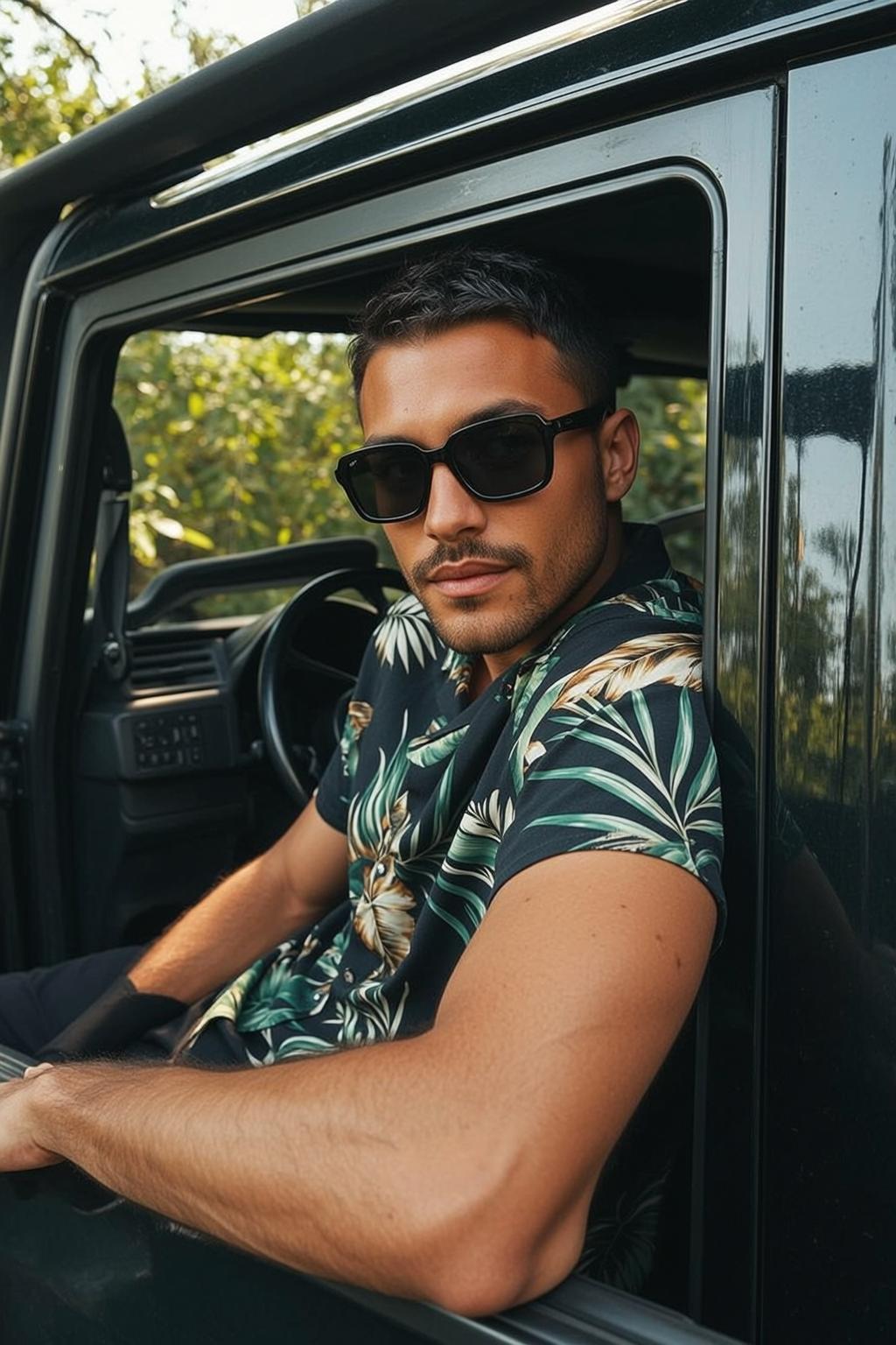 Short Dark Styled Tanned Short-sleeved Tropical Print