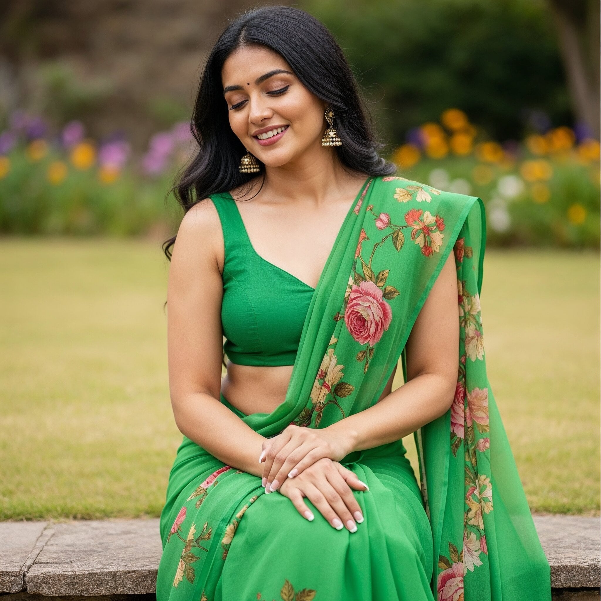 Green Saree Garden Portrait Shallow Depth Of Field