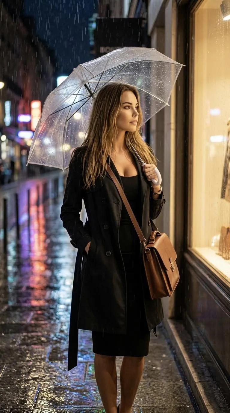 Trench Coat With Bubble Umbrella On Wet City