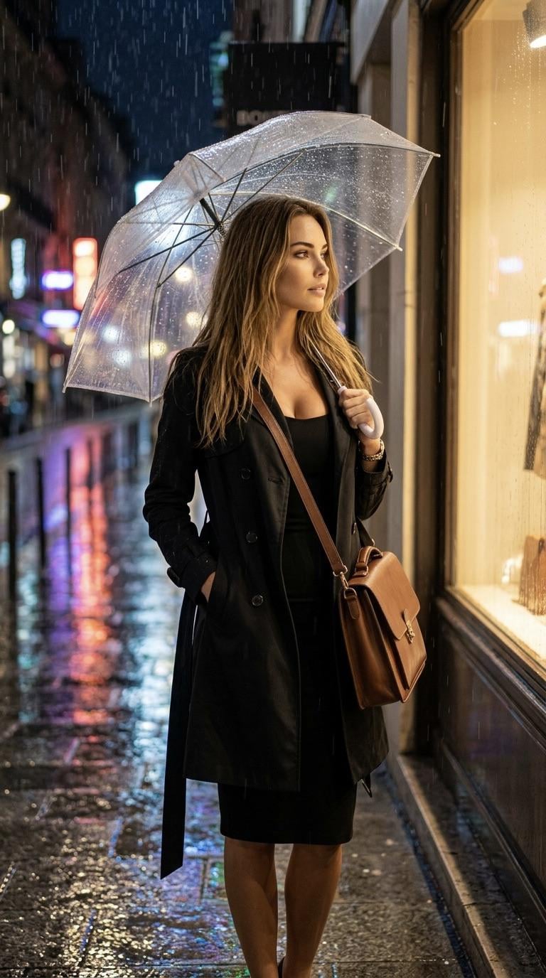 Trench Coat With Bubble Umbrella On Wet City