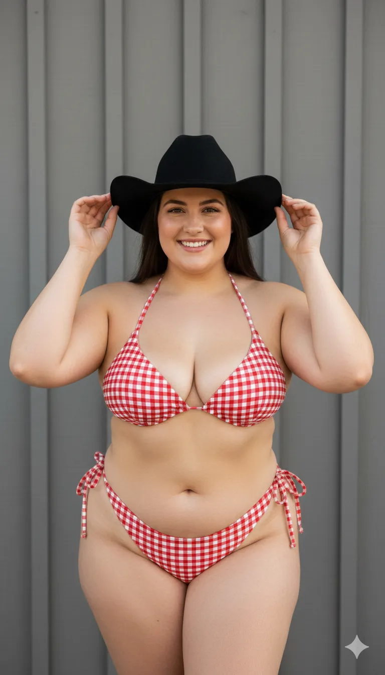 Curvy Woman Gingham Bikini Cowboy Hat