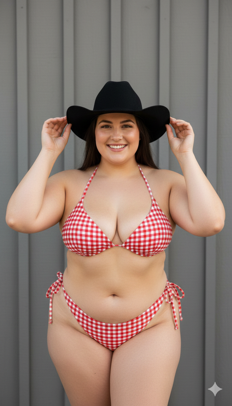 Curvy Woman Gingham Bikini Cowboy Hat reference photo