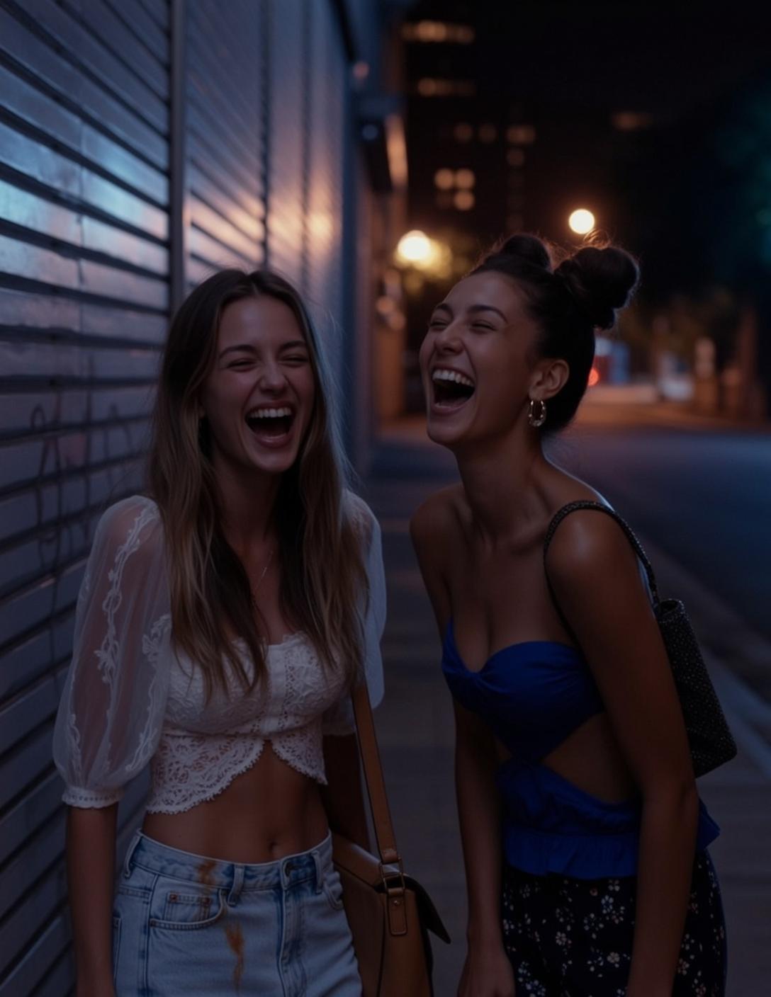 Explore Two Women Are Captured Mid-laugh Standing
