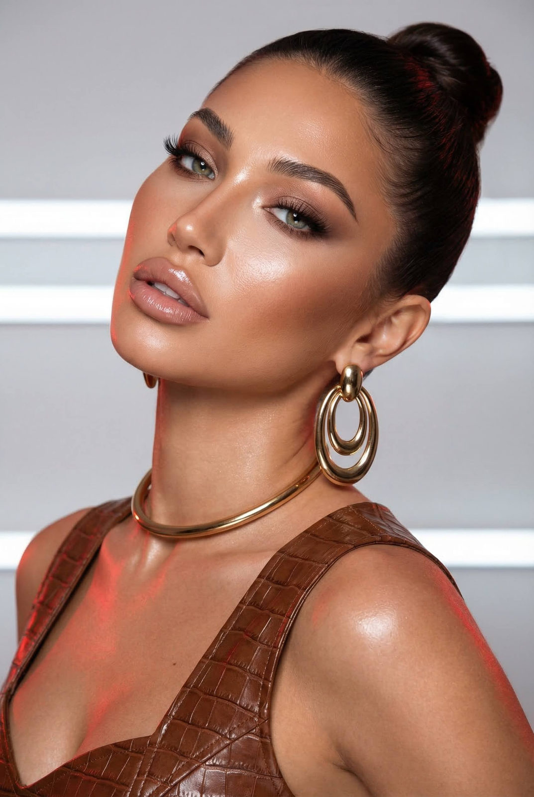 Extreme close-up of a woman with glossy sculpted makeup, confident expression, and illuminated cheekbones against a blurred studio background.