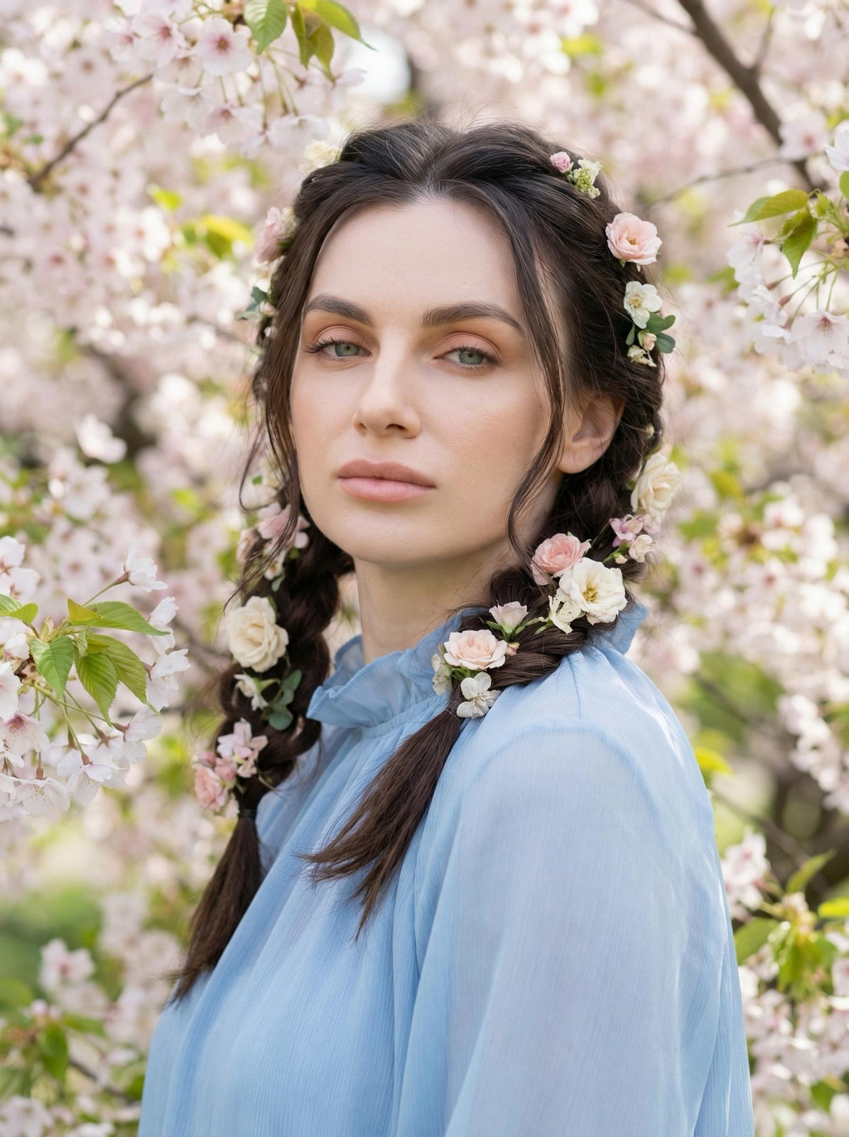 A woman with braided hair decorated with flowers, gazing softly among blooming trees in a spring garden.