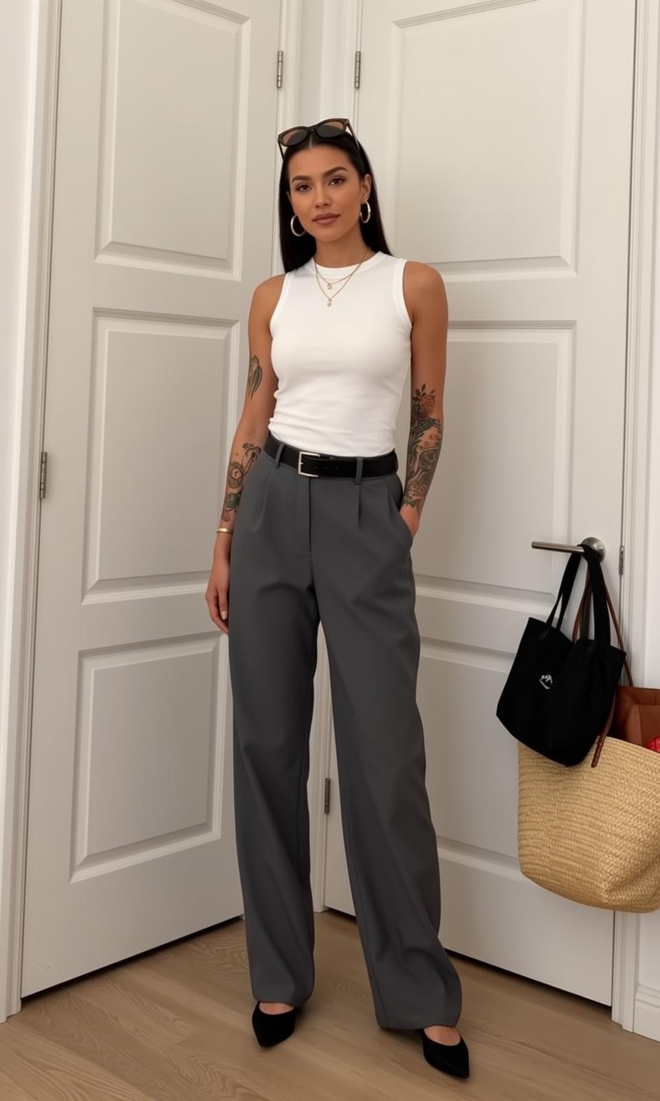 Casual Long Dark Straight Tan White Ribbed