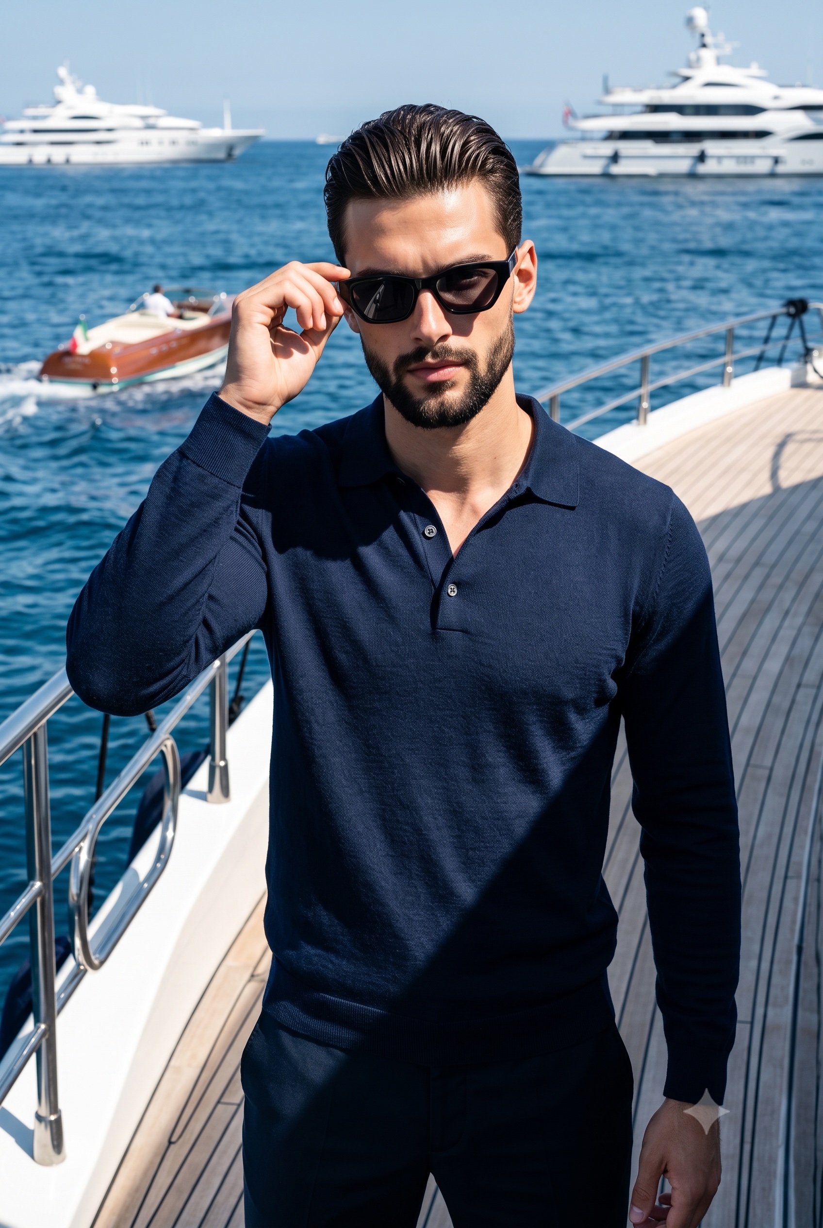 Wavy Hair And Sunglasses Navy Polo