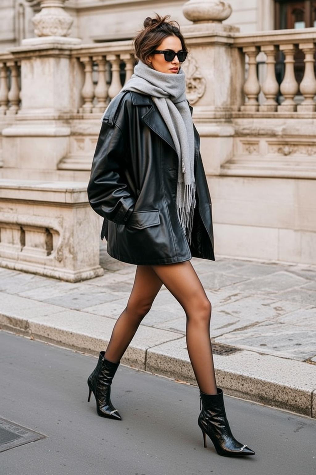 Leather Jacket Walking Neutral Gaze