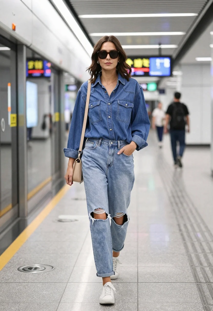 A confident young woman in dark sunglasses walks towards the camera in a modern subway station, captured with bright artificial lighting.