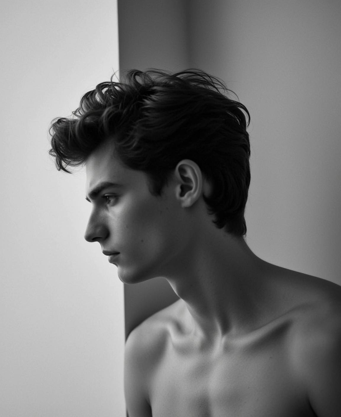 Photorealistic Black And White Portrait Young Man Profile Facing Left