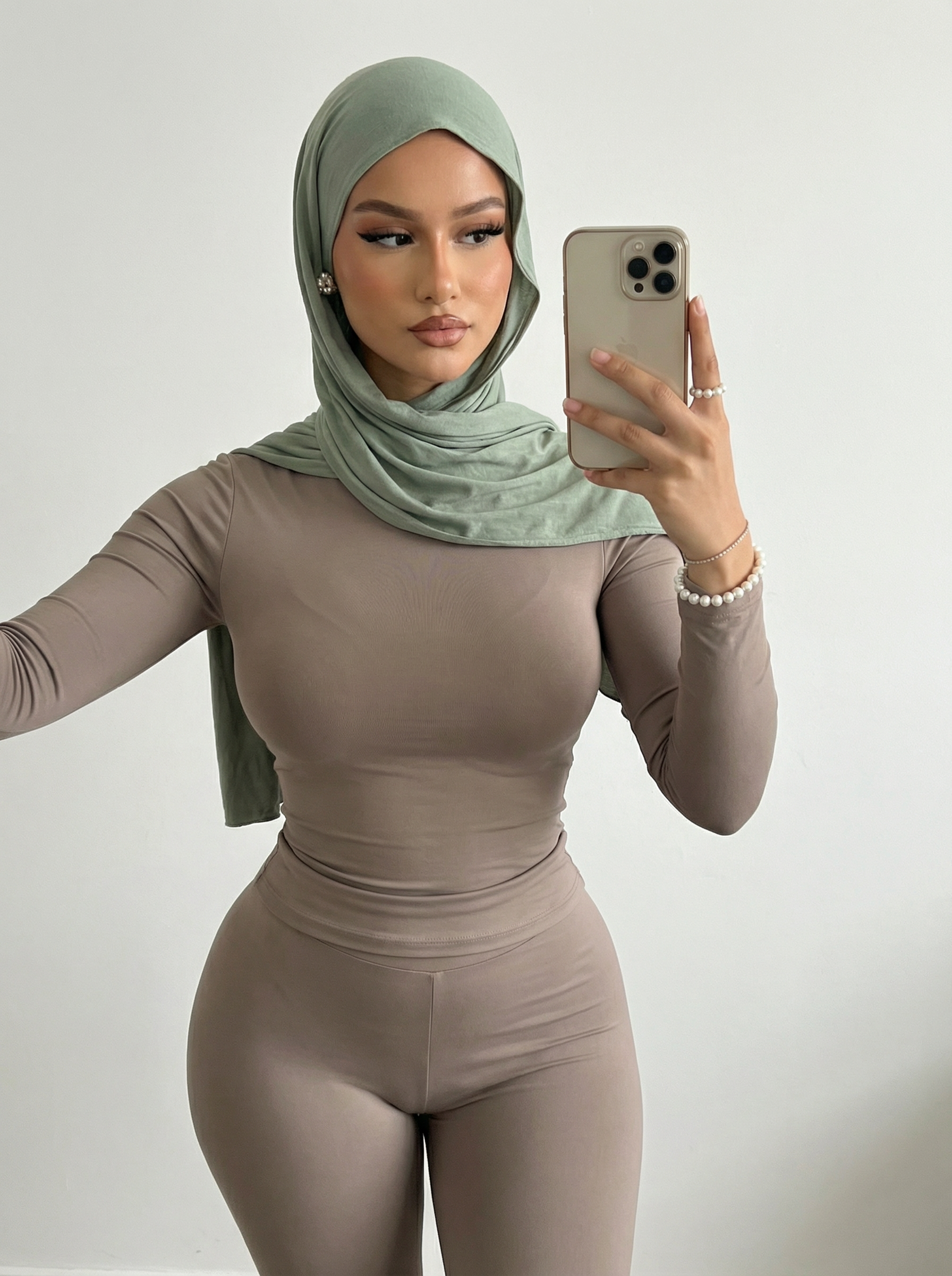 A person in a sage green hijab taking a selfie against a white wall, wearing pearl jewelry and a taupe outfit.