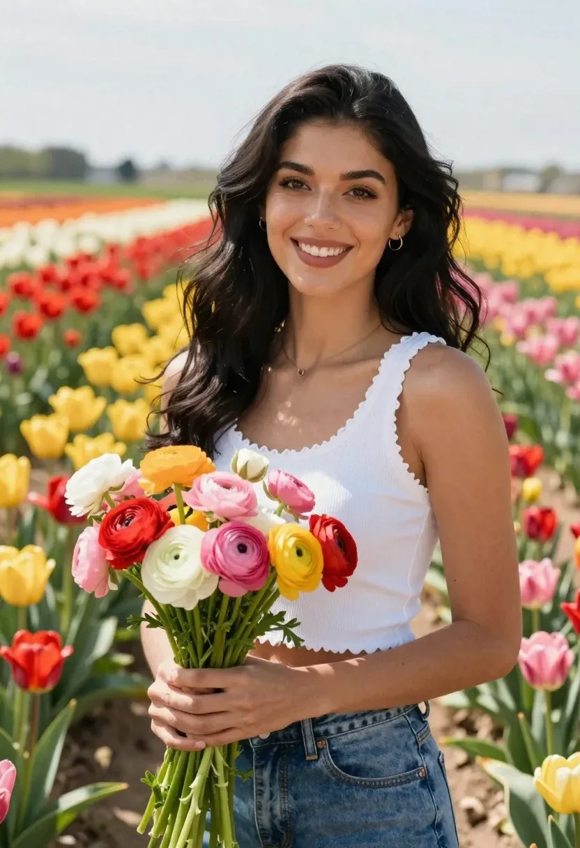 Beautiful Woman With Long Dark Hair Stands Smiling Vibrant Flower