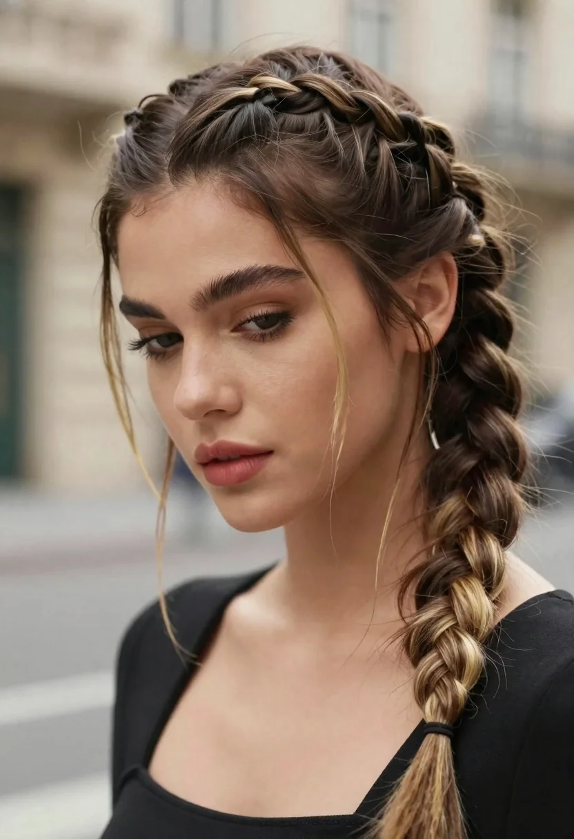 Close-up Portrait Woman With Intricate Braided Hairstyle Featuring Dark Brown